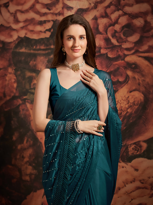 Teal Blue Satin Saree