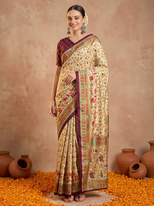 Woman wearing cream silk blend saree with metallic foil print work and maroon blouse