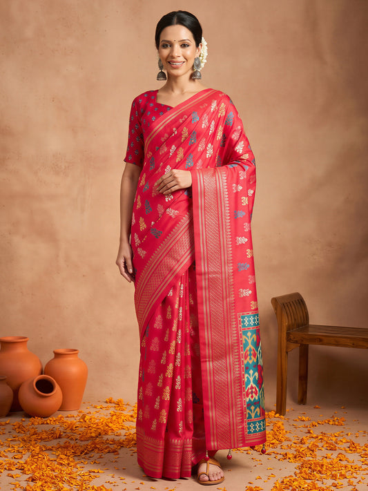 Woman wearing pink silk blend saree with metallic foil print work and pink blouse