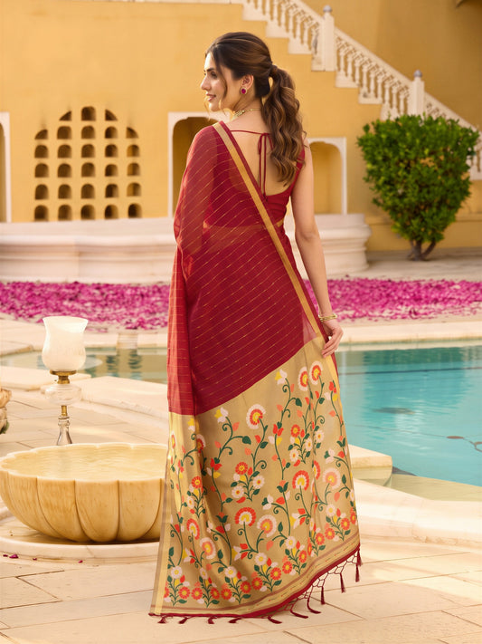 Maroon silk blend saree view 1
