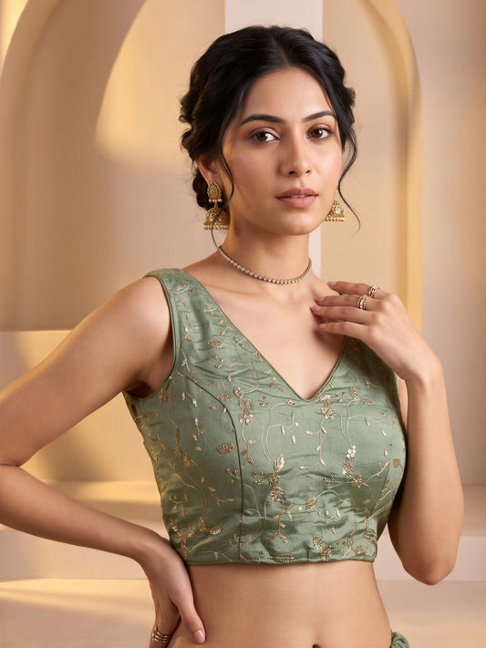 Sea Green sequin embroidered vichitra silk sleeveless readymade saree blouse with v neck