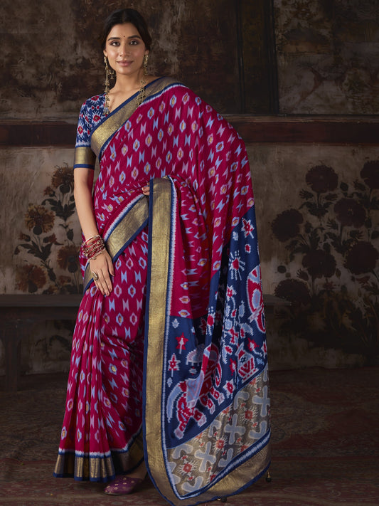 Pink ikat silk blend saree with navy blue blouse piece