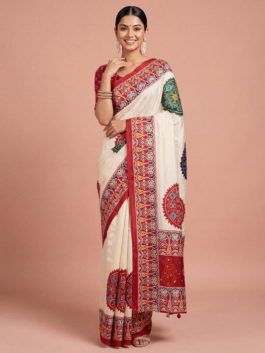 Red ajrak satin saree with red blouse piece
