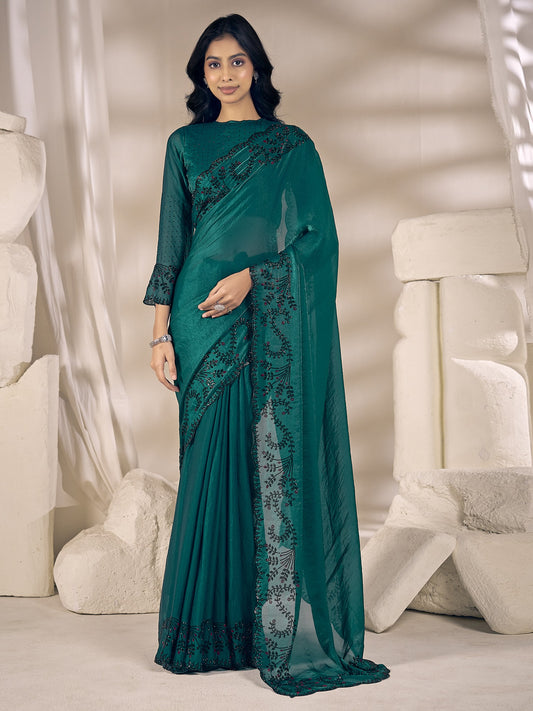 Teal Green embellished satin silk saree with teal green blouse piece