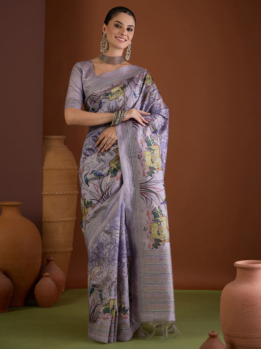 Lavender ethnic motif art silk saree with lavender blouse piece