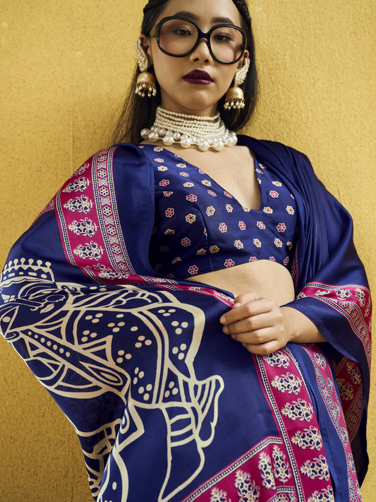 Navy Blue satin saree view 1