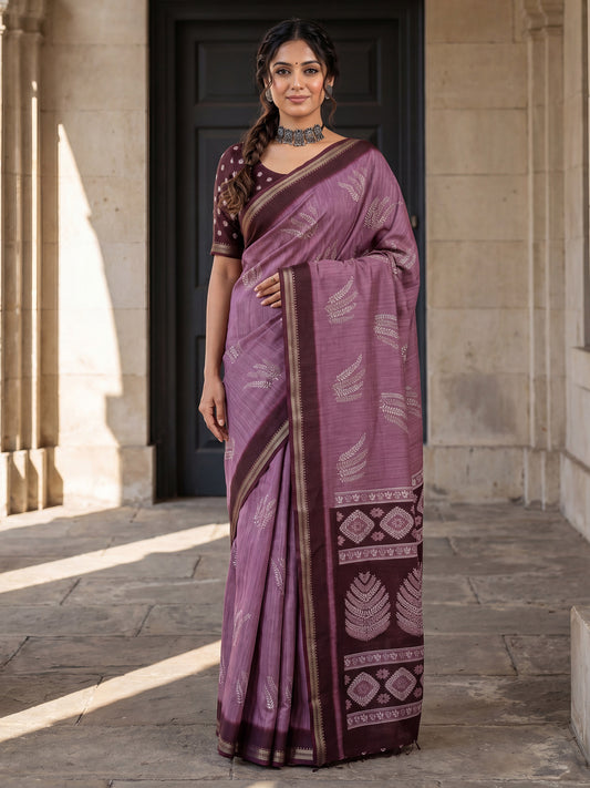 Woman wearing purple tussar silk saree with hand block-printed motifs and wine blouse