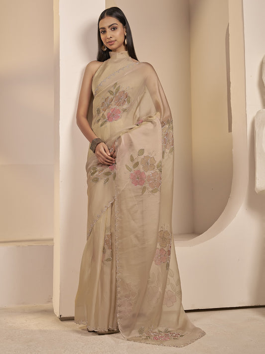 Champagne embellished organza saree with champagne blouse piece