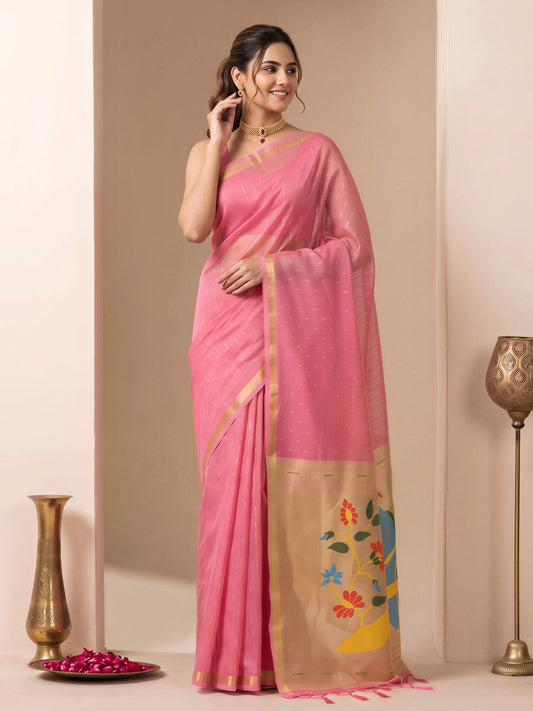 Pink striped silk blend saree with pink blouse piece