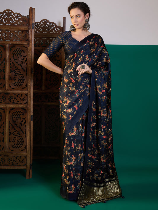 Pichwai Print Saree with Lagdi Patta Border