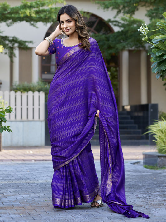 Violet striped jacquard saree with violet blouse piece