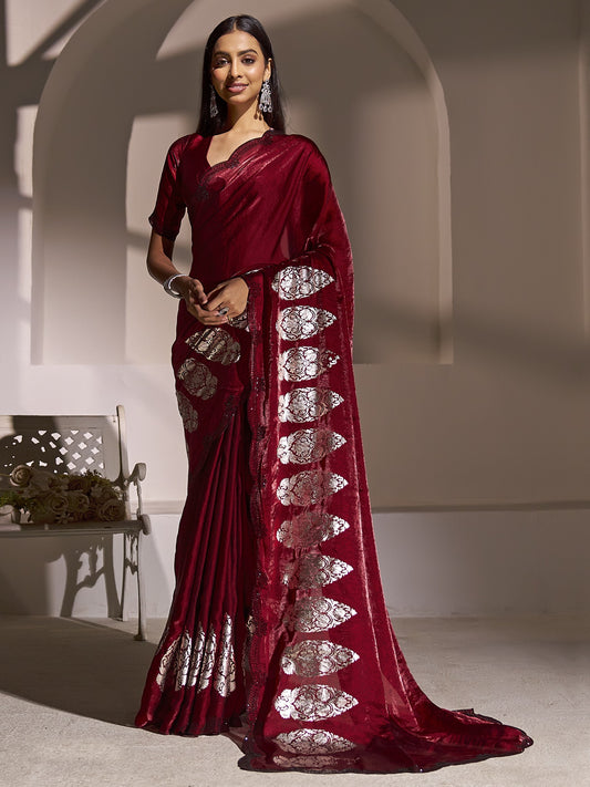 Maroon foil satin silk saree with maroon blouse piece