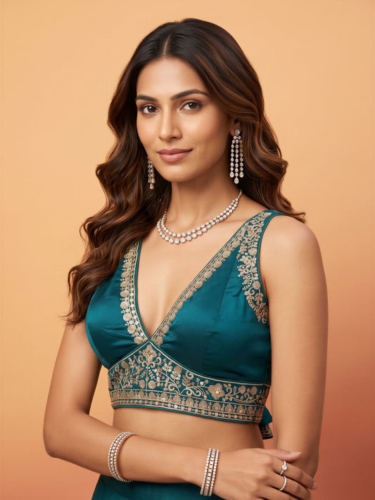 Teal Blue sequin embellished silk blend sleeveless readymade saree blouse with deep v neck