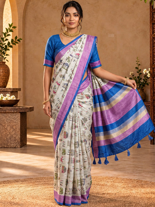 Light Blue tribal soft silk saree with blue blouse piece