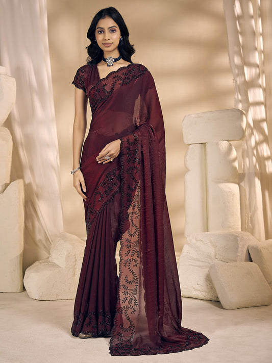 Maroon embellished satin silk saree with maroon blouse piece
