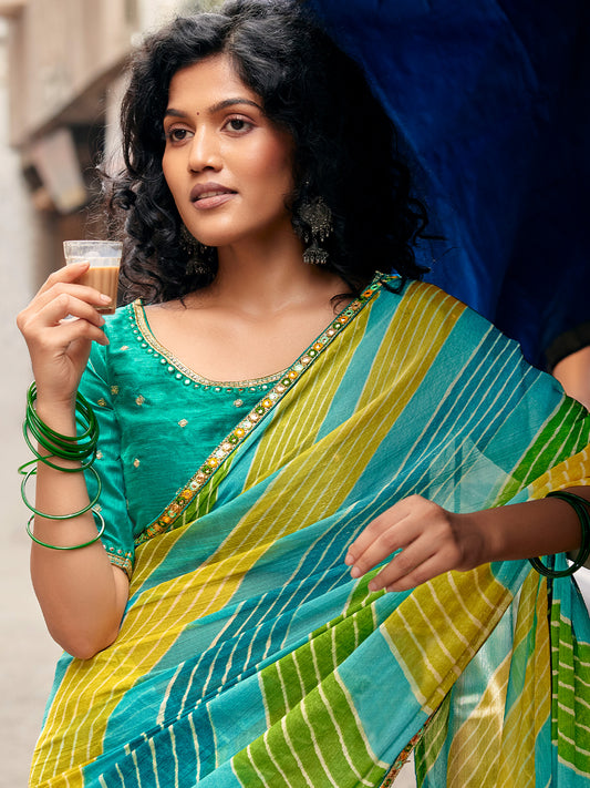 Teal Green georgette saree view 1