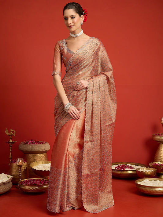 Woman wearing peach paper silk saree with ornamented surface design and peach blouse