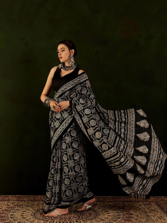 Black & Ivory Ajrakh Block Print Silk Saree