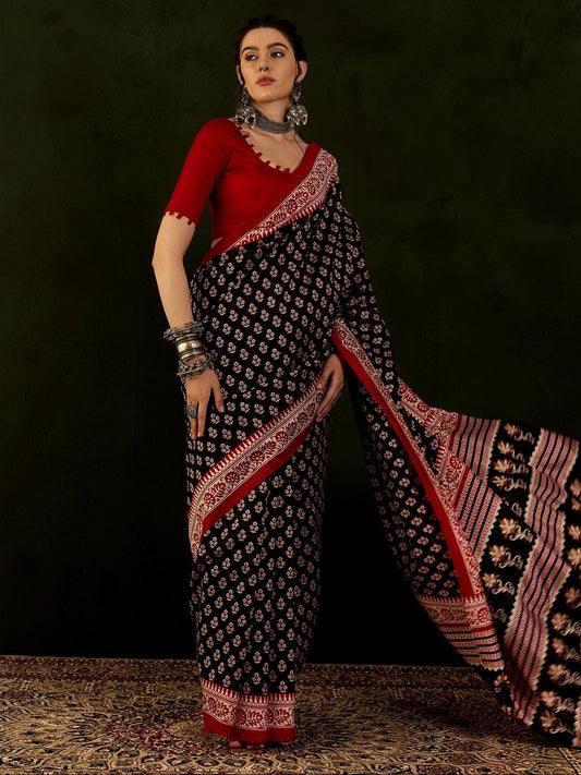 Midnight Black Bhagalpuri Silk Printed Saree