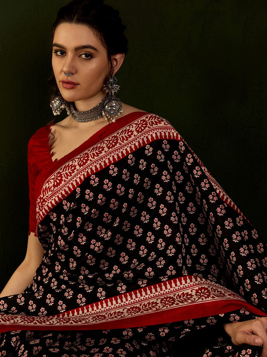 Midnight Black Bhagalpuri Silk Printed Saree