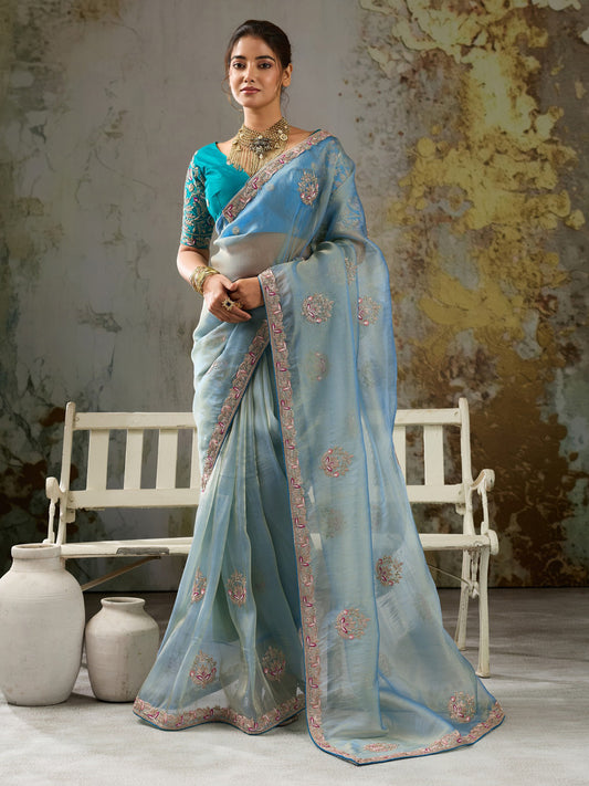Light Blue solid tissue saree with turquoise blue blouse piece
