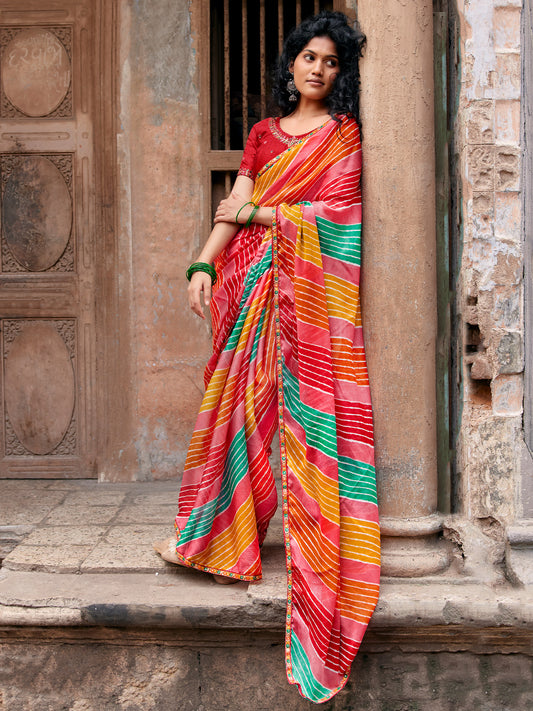 Red leheriya georgette saree with red blouse piece