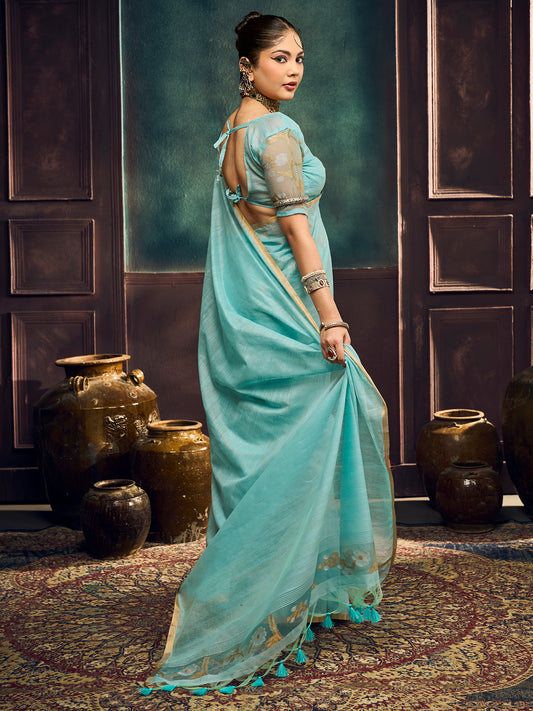 Light Blue Muga Cotton saree – detail view 1