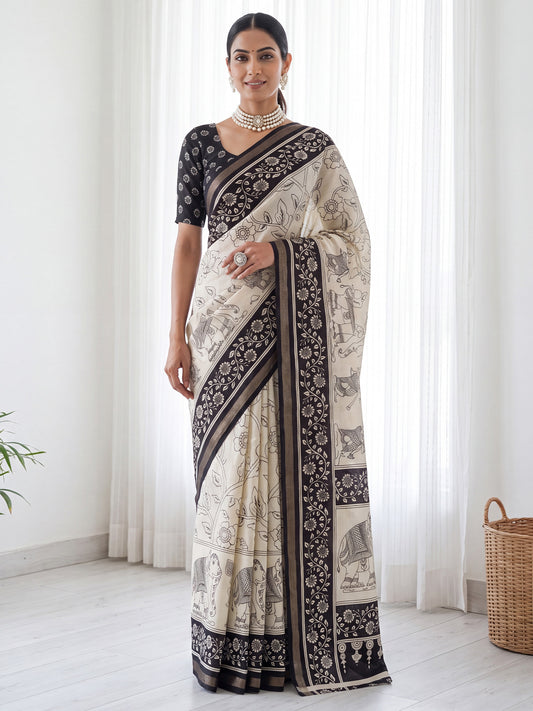 Woman wearing beige mulmul saree with kalamkari narrative motif work and black blouse