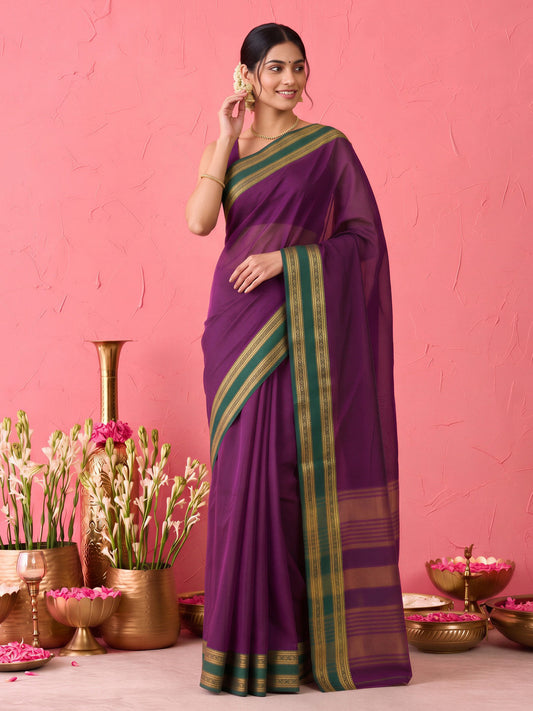 Wine solid cotton blend saree with wine blouse piece