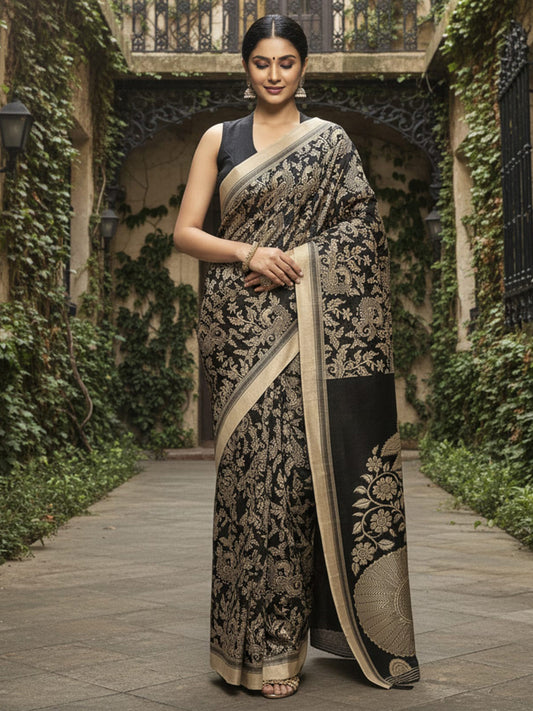 Black Bhagalpuri Silk Madhubani Printed Saree