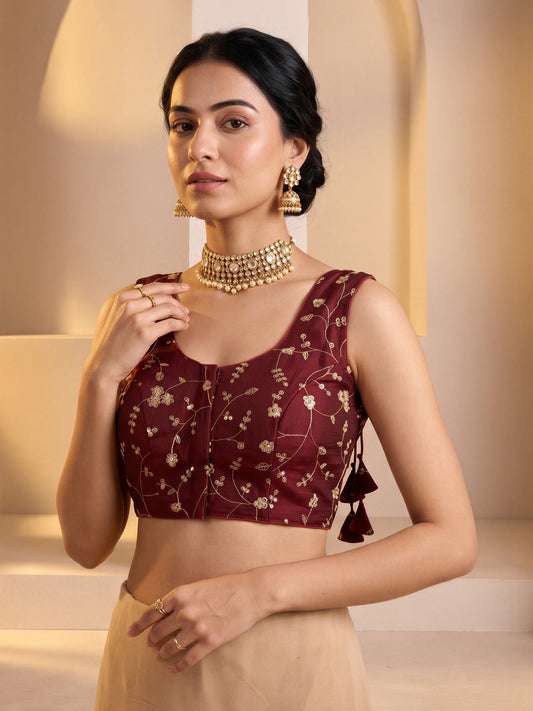 Maroon sequin embroidered vichitra silk sleeveless readymade saree blouse with round neck