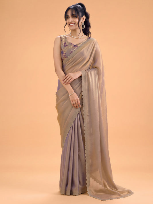Woman wearing metallic silk saree with ornamented surface design and metallic blouse