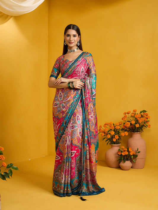 Woman wearing pink silk blend saree with ornamented surface design and multicolored blouse