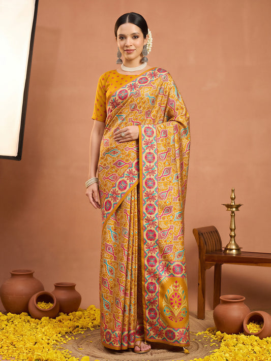 Woman wearing assorted silk blend saree with metallic foil print work and yellow blouse