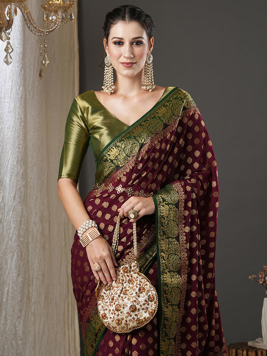 Wine Georgette Banarasi Silk Saree