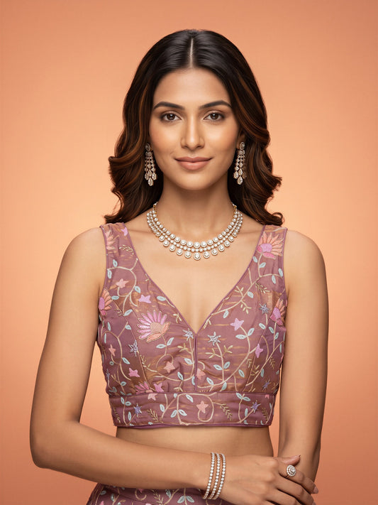 Mauve sequin embellished satin sleeveless readymade saree blouse with deep v neck