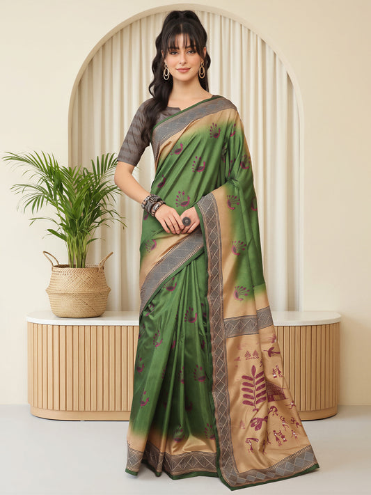 Woman wearing green silk blend saree with peacock motif design and grey blouse