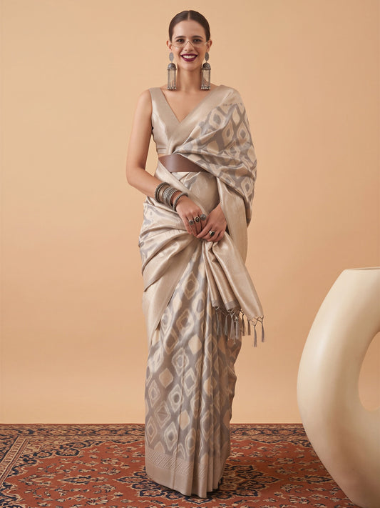 Woman wearing beige tissue saree with geometric pattern design and beige blouse