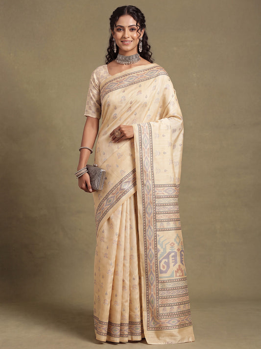 Beige Ikat Print Saree