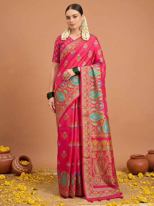 Woman wearing pink silk blend saree with metallic foil print work and pink blouse
