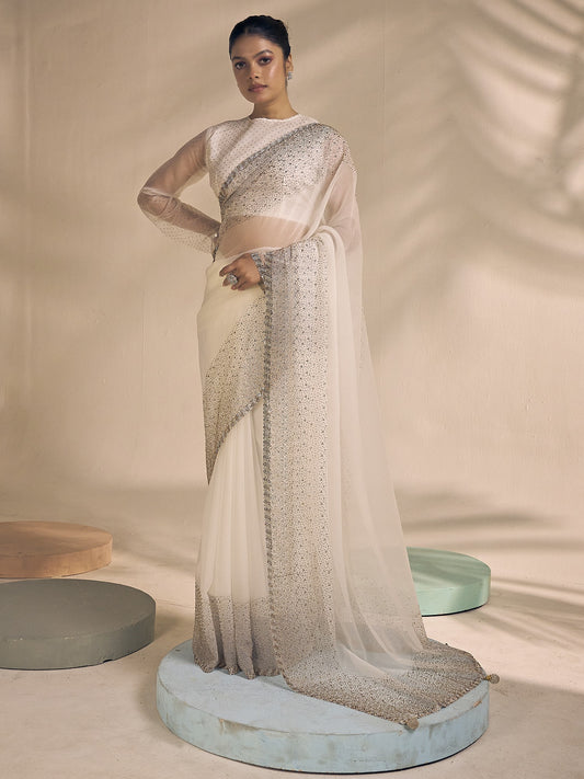 Off White chiffon saree view 1