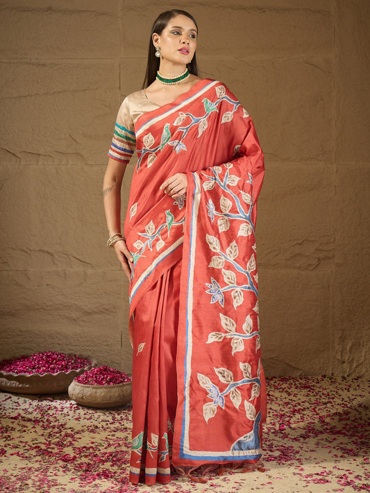 Rust ethnic motif art silk saree with beige blouse piece