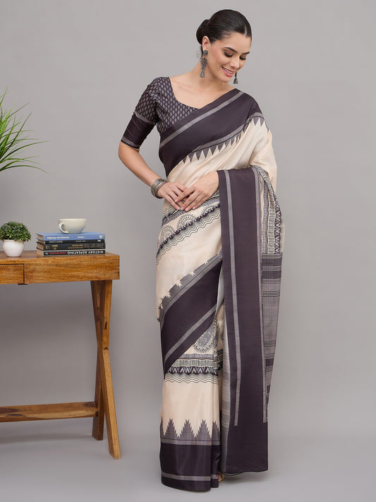 Off White ethnic motif soft silk saree with black blouse piece