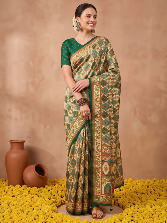 Woman wearing cream silk blend saree with metallic foil print work and green blouse