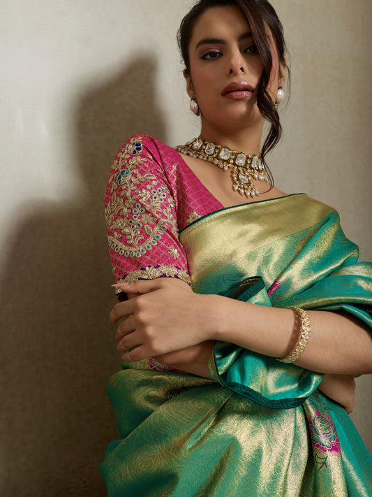 Teal Green banarasi silk saree view 1