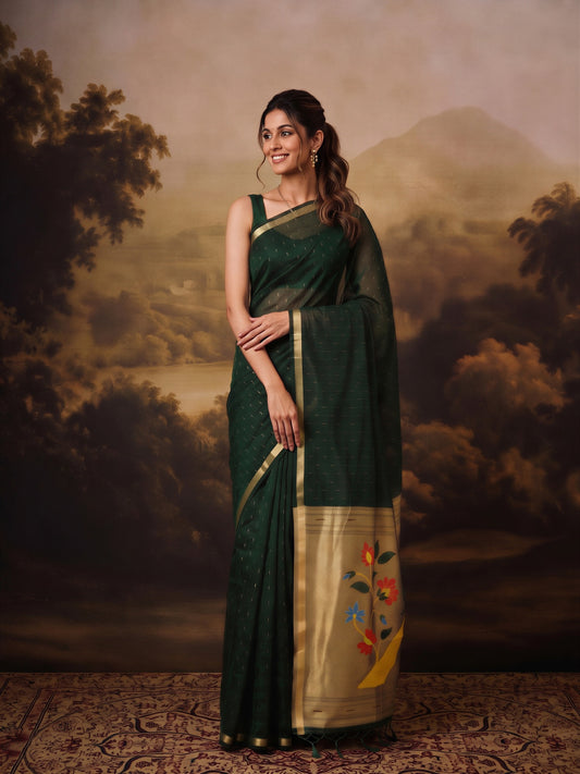 Dark Green silk blend saree view 1