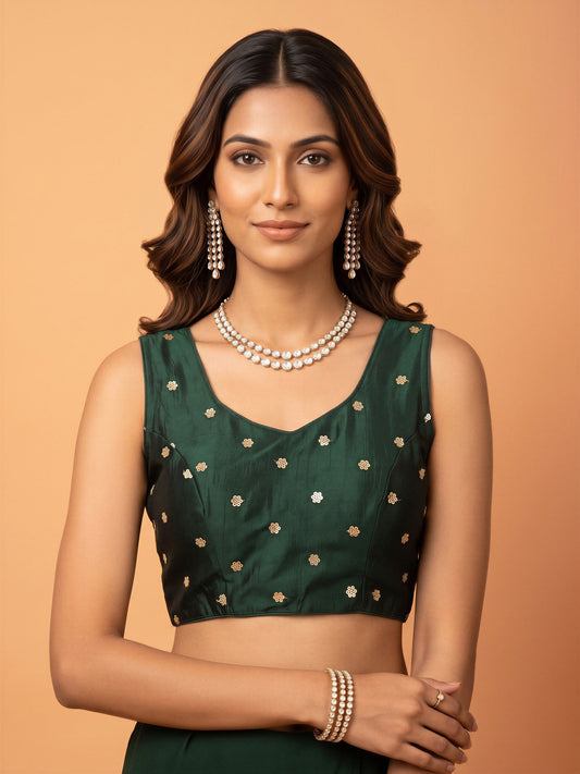 Dark Green sequin embellished chinnon sleeveless readymade saree blouse with round neck