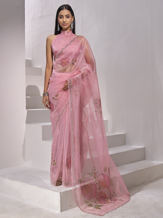Pink embellished organza saree with pink blouse piece