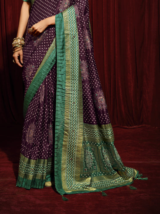 Purple tussar silk saree view 1