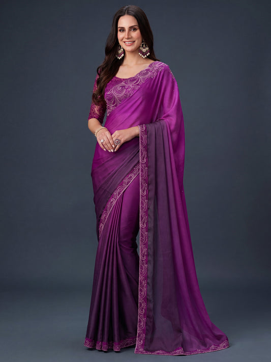 Woman wearing purple chiffon saree with ombre graded colour work and purple blouse